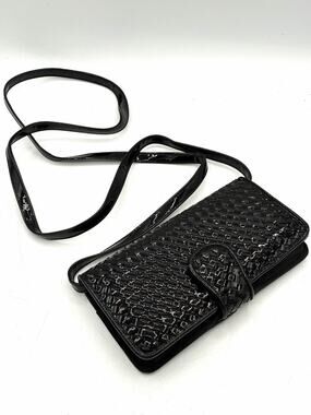 Vintage Milor Black Faux Patent Woven Crossbody Organizer Purse Mirror 8”